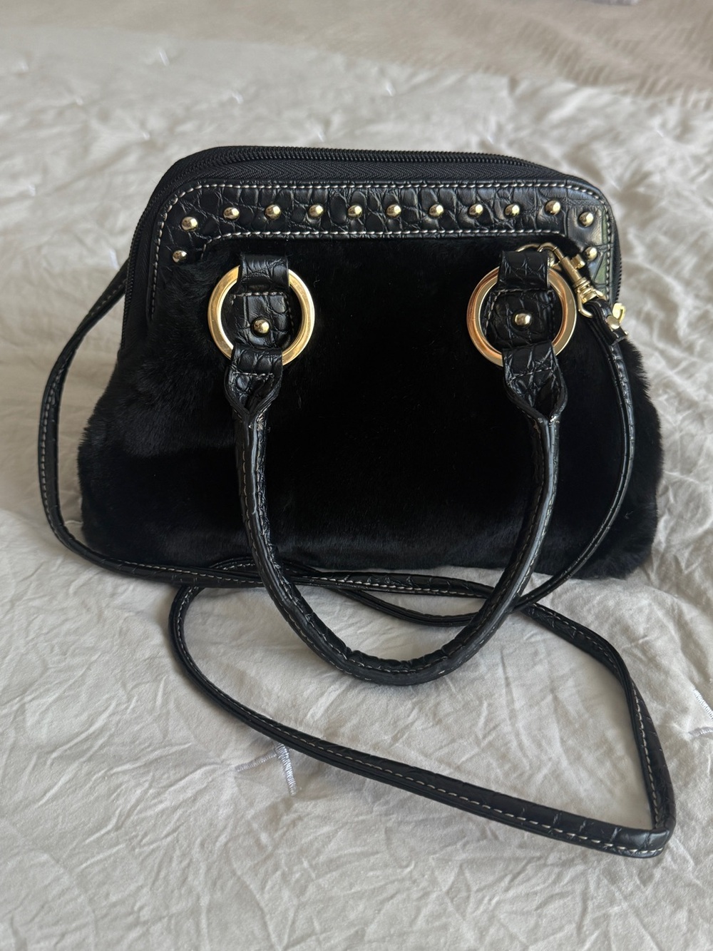 Kathy Black Faux Fur Satchel Handbag with Gold Hardware - Unbranded
